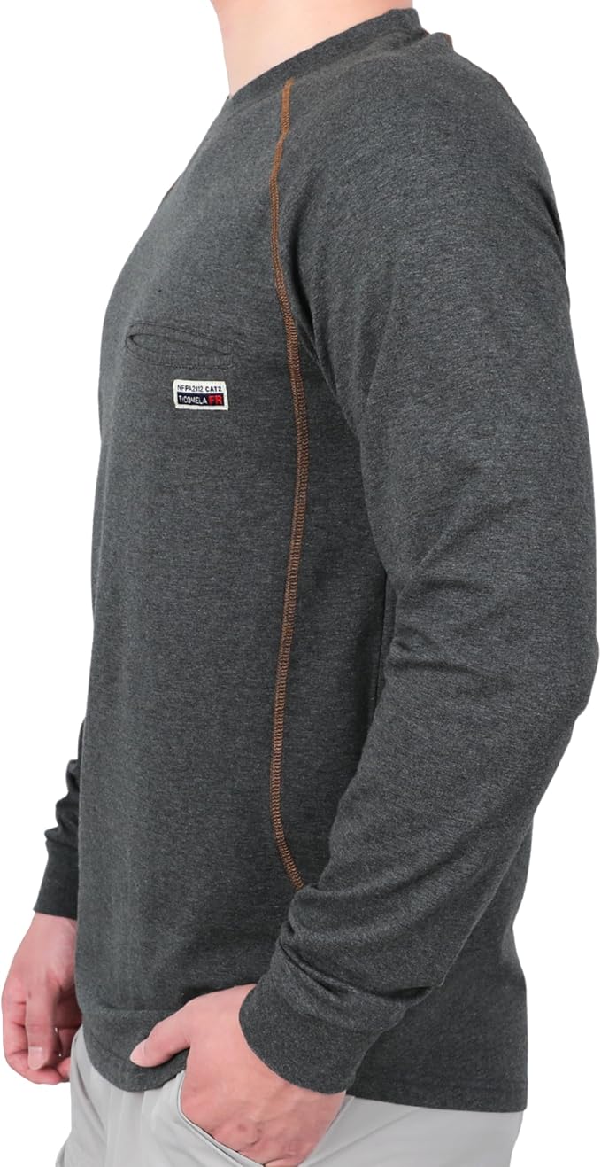 TICOMELA FR T-Shirt, Flame Resistant, Stretch Fit, Hidden Pocket, 6oz Crew Neck Work Shirt for Men 100% Cotton