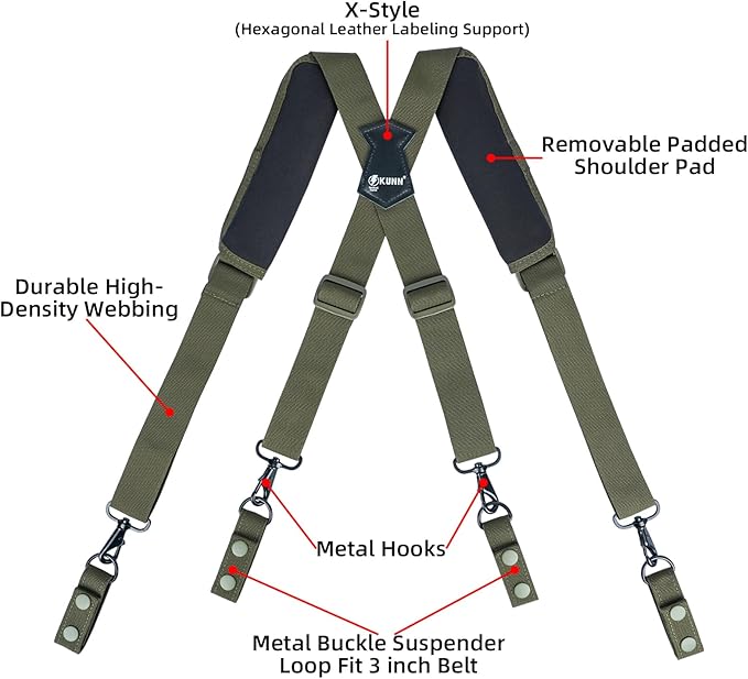 KUNN Tactical Harness Police Suspenders for Duty Belt with Metal Hook Adjustable Padded Shoulder Pads,Army Green