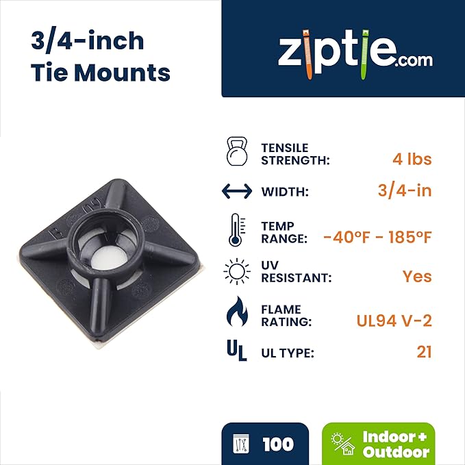 ZipTie.com 3/4-inch UV Resistant Black Zip Tie Mounts, UL 21 Listed, 100-Pack