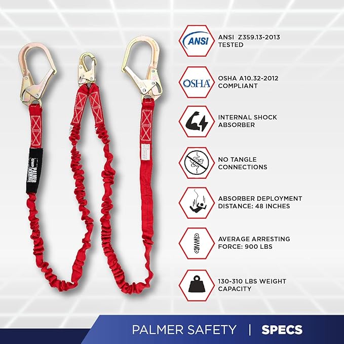 Palmer Safety L122233 6 FT Double Legs Safety Lanyard Internal Shock Absorber w/Dual Pelican Rebars I OSHA/ANSI Compliant Restraint Lanyards I Ideal Use for Arborist, Roofer & Construction Workers