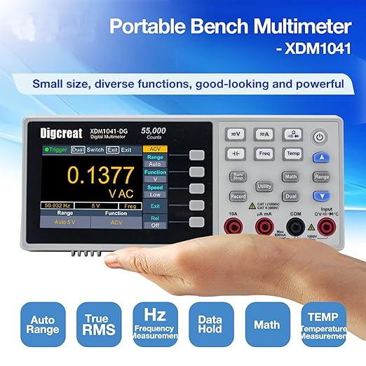 Desktop Digital Multimeter XDM1041-DG Portable Mini Multimeter with 3.5-inch 55000 Counts LCD Display, True RMS Temperature Tester Meter