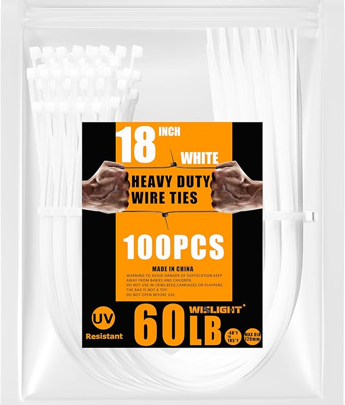 White Zip Ties18 Inch 100 pcs, UV Resistant Cable Ties Industrial Multi-Purpose with 60 Pounds Tensile Strength, Wire Ties for indoor and outdoor use, Nylon Cable Zip Ties