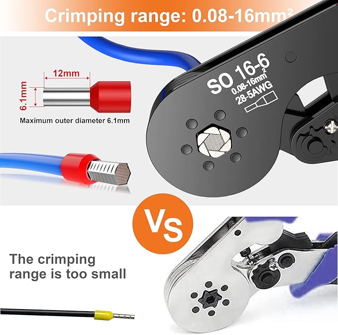 Hexagonal Ferrule Crimper, Preciva Hexagonal Jaw Wire Crimping Pliers AWG 28-5 Self-Adjustable Ratchat Wire Crimping Tools for Wire Terminals Cables End-sleeves