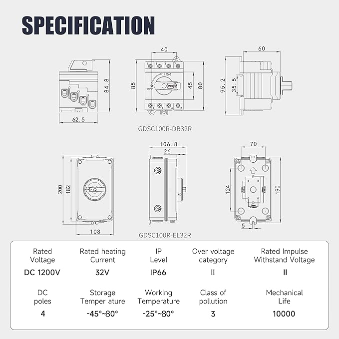 32 Amp DC1200V Solar Disconnect Switch Isolator Switch with IP66 Waterproof Enclosure PV Panel Disconnect On-Off for Solar Systems