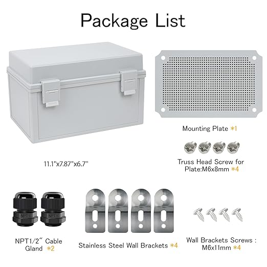 Junction Box IP65 Waterproof Electrical Box Outdoor ABS Plastic Project Box Hinged Shell Universal Enclosure Box with Mounting Plate, Wall Brackets, Cable Glands 11.8"x 7.9" x 7.1"