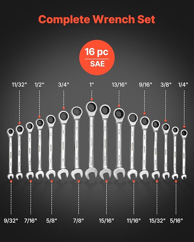 VEVOR Combination Wrench Set, 16-Piece SAE Sizes, 72 Teeth, Cr-V Steel Ratcheting Wrench Set, with Roll Up Pouch, Open End, Clear Size Labels, for General Household and Automotive Repairs, Silver