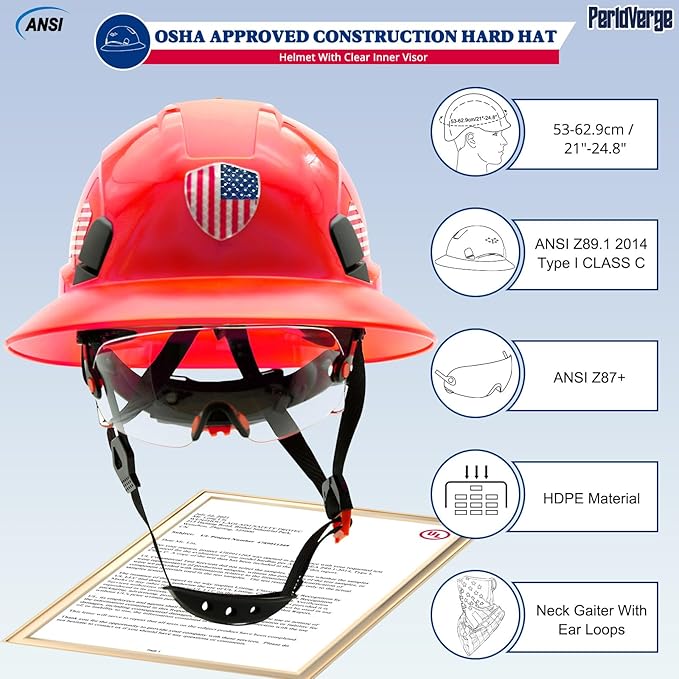 Full Brim Hard Hats Construction OSHA Approved with Visor-Vented Hard Hat with Neck Gaiter with Ear Loops,Safety Hard Hats for Men with Chin Strap ANSI Z89.1 Type 1 Class C,6-pt Suspension