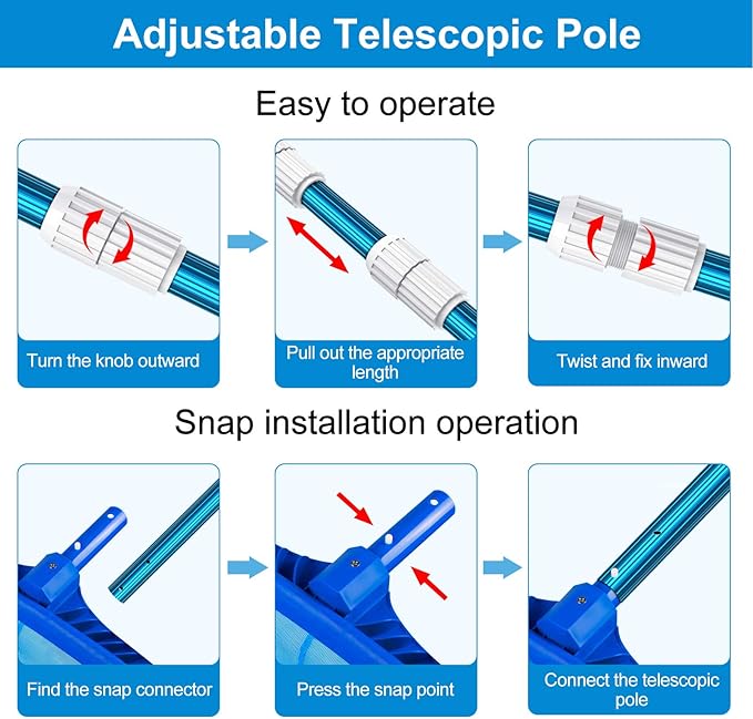CKE Upgraded 12 Feet Thicken 1.3mm Blue Aluminum Telescoping Swimming Pool Pole,Adjustable 3 Piece Expandable Step-Up,Attach Connect Skimmer Nets,Rakes,Brushes,Vacuum Heads with Hoses, Universal 1.25"