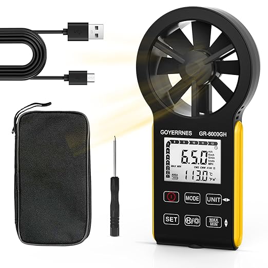 Handheld Anemometer CFM Meter, Rechargeable Digital Air Flow Wind Speed Gauge Meter CFM Measuring Device for HVAC Outdoor Sailing