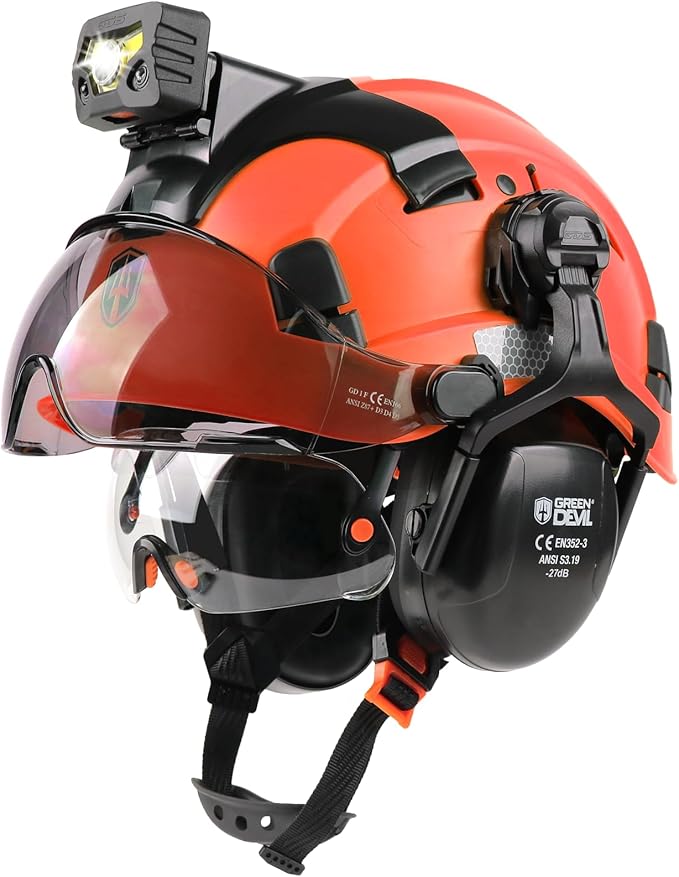 GREEN DEVIL Hard Hat Safety Helmet with Rechargeable Headlamp Light and Visor Ear Muffs Vented Work Hardhat ANSI Z89.1 Cascos De Construccion for Industrial Construction Forestry