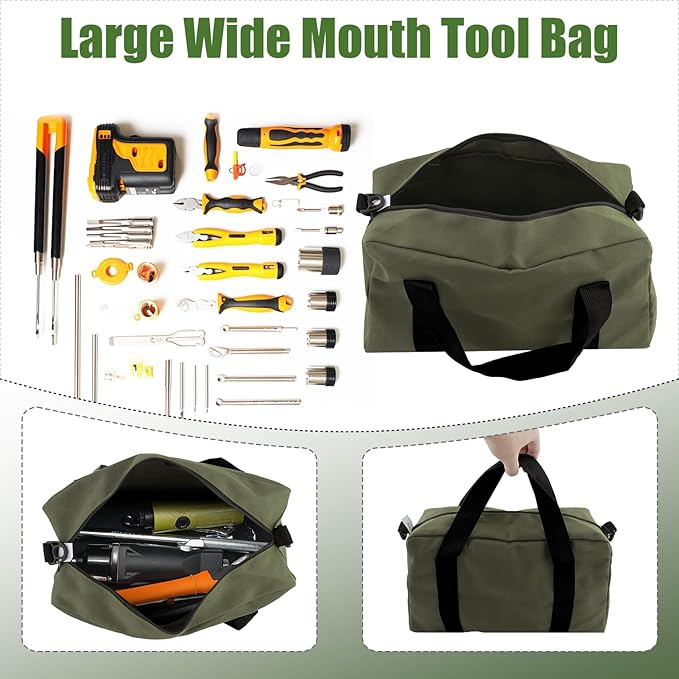 Small Tool Bag,Close Top Wide Mouth Tool Organizer Bag,Large Capacity Tool Bags for Men,Canvas Tool Storage Bag for Storage Handbag for Screwdrivers,Wrench,Pliers Hand Tools (Army Green, 18 Inch)