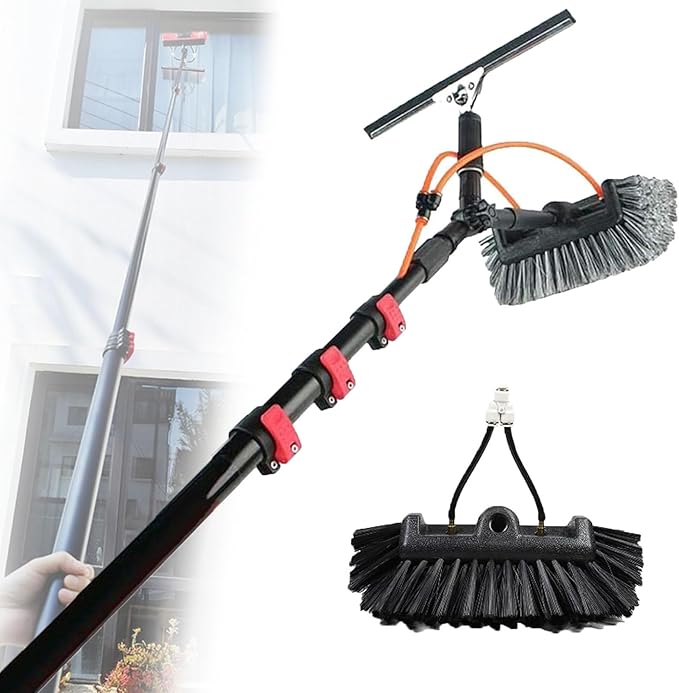 Water Fed Telescopic Brush, Photovoltaic Panel Cleaning Tool Water-Through Brush, Water Fed Brush Kit with Squeegee, Outdoor Solar Panel Cleaning System Pole 29cm-7.2m/24ft