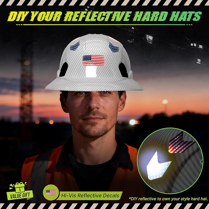 Carbon Fiber Pattern Full Brim Hard Hat with Visor-OSHA Approved Construction Safety Helmet for Men Women,ANSI Z89.1 Vented Reflective Hardhat with Hard Hat Chin Strap,6-Point Suspension