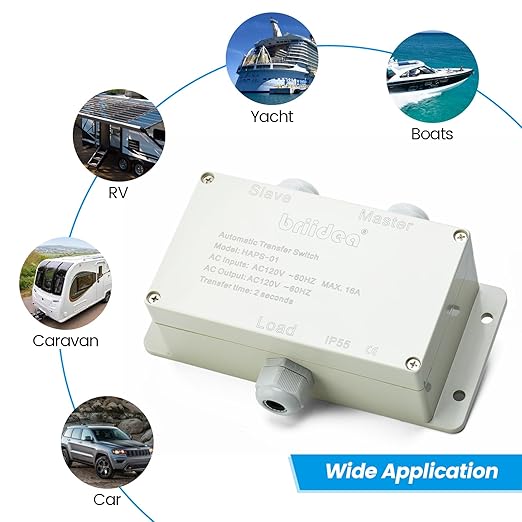 Automatic Transfer Switch, Briidea 120 VAC 16 AMP ATS Auto Transfer Switch for Inverter and Main Powers, Suitable for Use in Boats, RVs, Solar Power Systems, Motorhomes