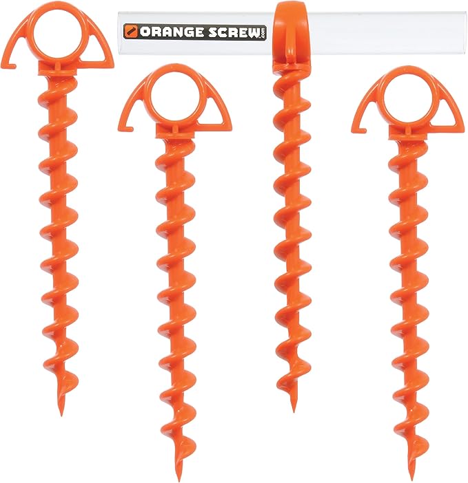 Orange Screw Ultimate Ground Anchors: Heavy Duty Screw-in Tent Stakes for High Wind, Sand, Canopies, and Camping - Made in USA, 100% Recycled, Included T-Grip Tool - (Small, 4 Pack)