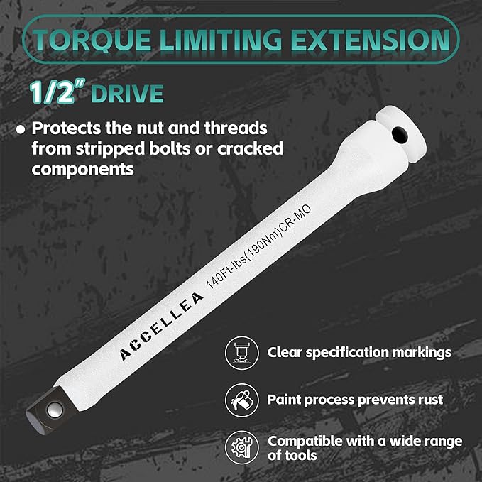 10-Piece Torque Limiting Extension Bar Set, 1/2" Drive, 8" Long, 65-150 Ft-lbs, CR-MO, SAE Standard, Color-Coded Impact Socket Extension Bar Set with Storage Case, for Tire Repair & Drills