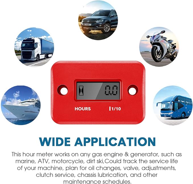 2 Pieces Inductive Hour Meter for Gas Engine Lawn Mower Dirt Bike Motorcycle Motocross Snowmobile Karting Marine ATV Boat Outboard Motor Generator Waterproof Hour Meters (Black, Red)