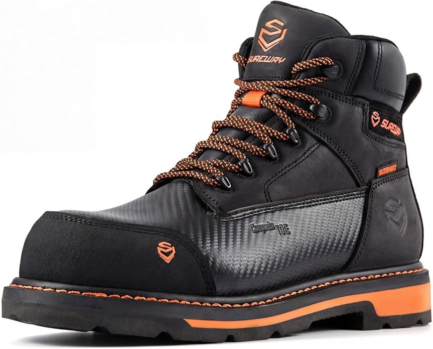 SUREWAY Men's 6" Waterproof Soft/Composite Toe Work Boots - Crazy Horse Leather Safety Shoes,GoodyearWelt Slip Resistant EH Rated Heavy Duty Construction Boots for Industrial, Roofing, Landscaping