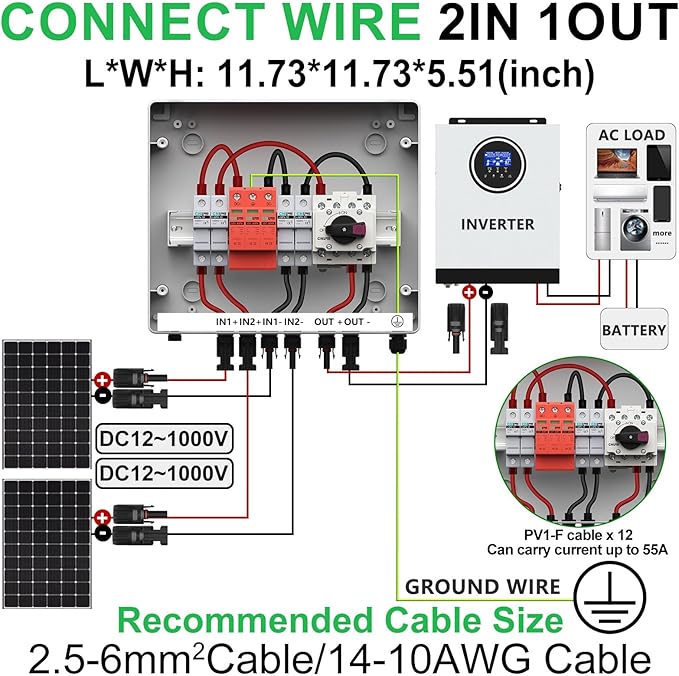 2 String Solar PV Combiner Box 2 in 1 Out IP65 DC1000V 32A Disconnect Switch with Surge Protector and 15A PV Fuse, Circuit Breaker Outdoor IP65 Waterproof for Solar Panels System