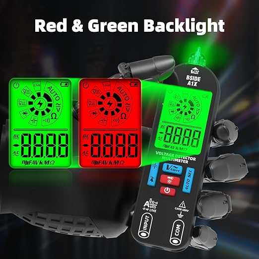 BSIDE Digital Multimeter Tester Rechargeable Electrical Voltmeter, Smart Mode with Red & Green Backlight, Measures Capacitance Diode Ohm Continuity V-Alert DC AC Voltage with Carrying Case