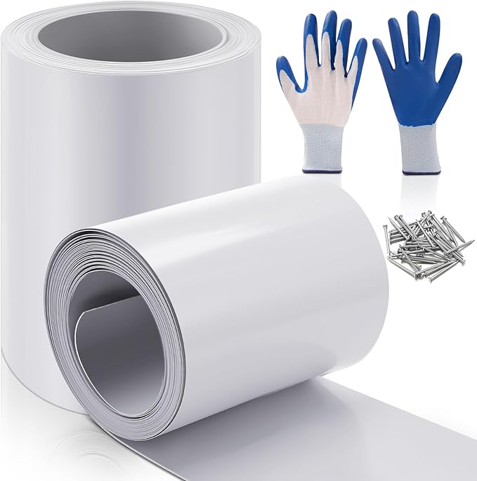 Tandefio 2 Rolls Aluminum Flashing Roll 8 Inch x 25 ft, 0.5 mm Thickness Roof Flashing Metal Flashing Aluminum Sheet Metal Roll with Cut Proof Gloves and Stainless Steel Nail for Roofing Stain