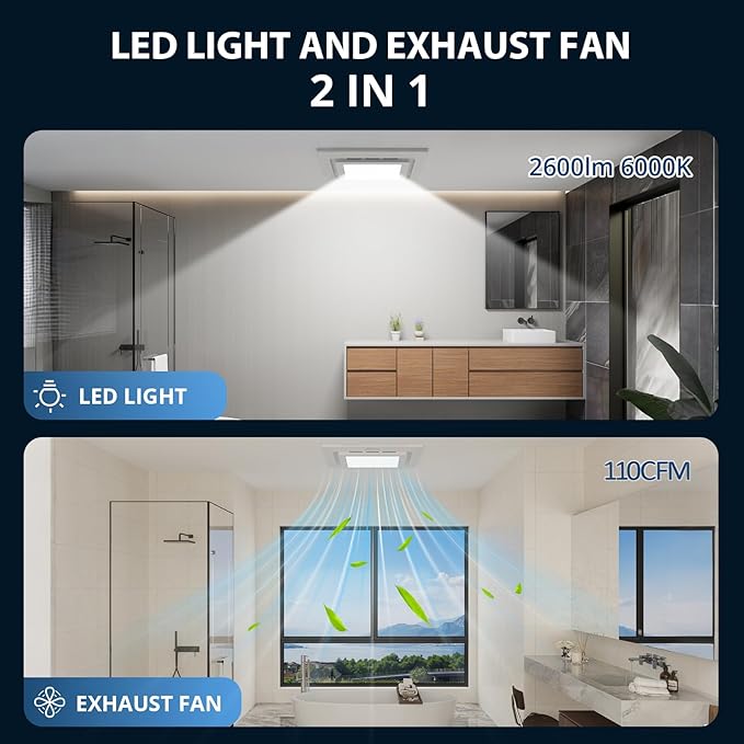 10" Bathroom Exhaust Fan with Light, 8" x8" Ceiling Opening, 110 CFM Powerful 1.0 Sone Quiet Vent Fan, 2600lm 6000K Color LED Light, Easy to Install, Space Saving Bathroom Ventilation