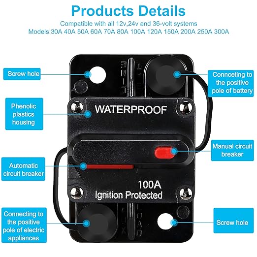 Generic 100 Amp Waterproof Circuit Breaker,with Manual Reset,12V-48V DC,30A-300A,for Car Marine Trolling Motors Boat ATV Manual Power Protect Audio System Current Overload Protection