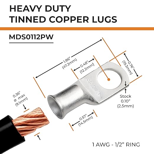 SELTERM 10pcs 1 AWG-1/2" Stud Tinned Copper Wire Lugs, Heavy Duty Battery Cable Ends,1 Gauge Ring Terminals, UL Battery Lugs Marine Grade Copper Eyelets Electrical Battery Terminal Connectors