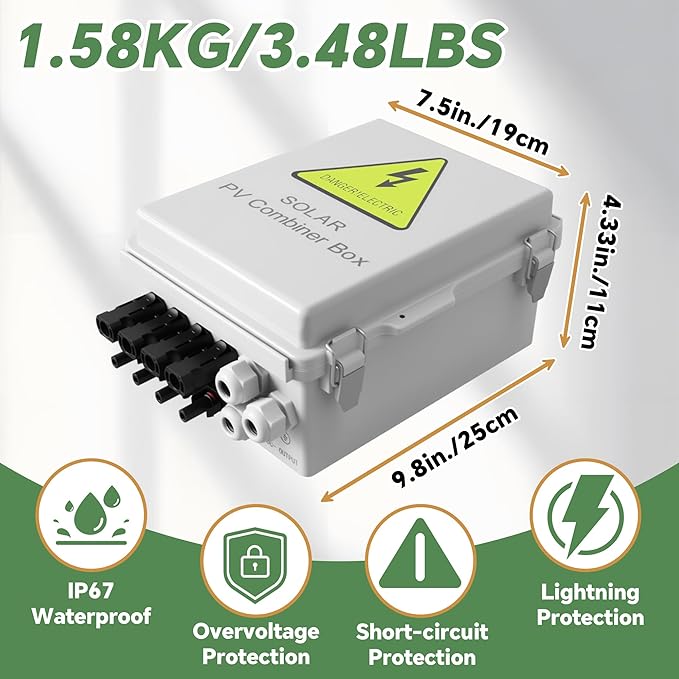 4 String Solar Combiner Box, IP65 Waterproof PV Combiner Box for On/Off Grid Solar System,with Lightning Arrester, 15A Rated Current Fuse & 63A Circuit Breaker(Plastic)