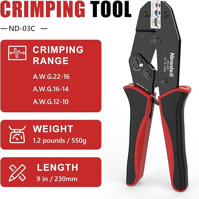 Newdeli Wire Crimping Tool for Insulated Wire Connectors - AWG 22-10 Ratchet Wire Crimper Tool Electrical Wire Terminal Connectors Ratcheting Crimping Plier Crimp Tool