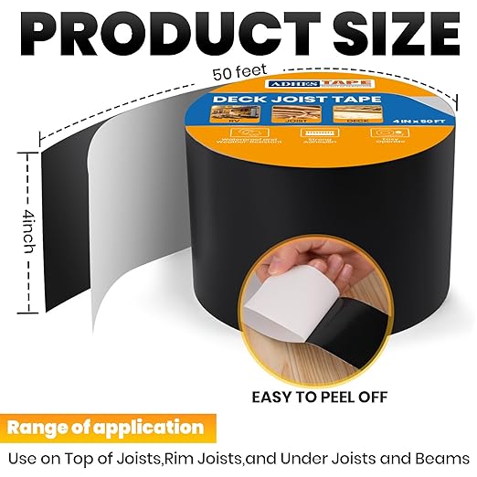 ADHES Deck Joist Tape, 4" x 50' Weather Resistance & Waterproof Butyl Joist Tape, Deck Flashing Tape, Ideal for Wood Decks Beams Roof, Outdoor Construction Use