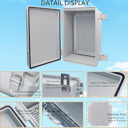 Waterproof Junction Box, ABS Plastic Electrical Box with Stainless Steel Latch, Hinged Cover Electric Project Enclosure Box with Mounting Plate, Wall Brackets & Cable Gland 11"x7.5"x5.1"
