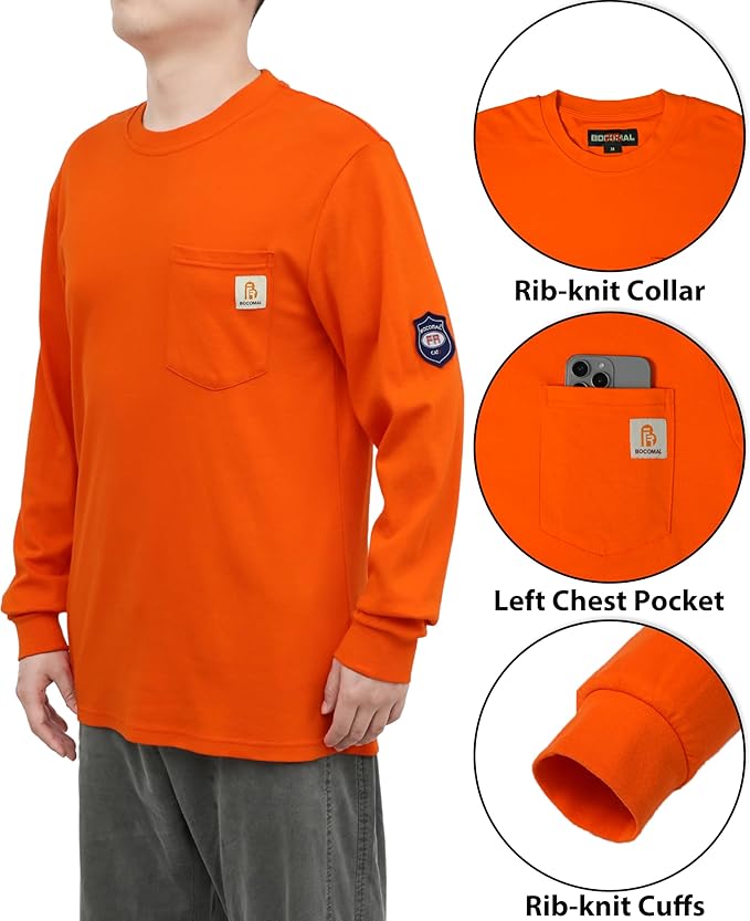 BOCOMAL FR Shirts Lightweight Classic Crew Long Sleeve Fire Resistant Shirt CAT2