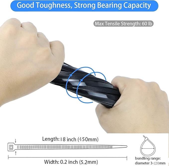 Zip ties 18 inch black Cable ties 100 pcs/Pack outdoor use wire ties with 60 Pounds tensile