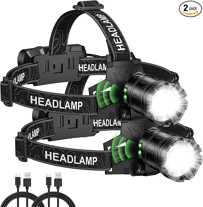 Headlamp Rechargeable 99,000LM Super Bright, 2pack LED Head Lamp with 3 Modes, 90°Adjustable Head Lights for Forehead, IPX6 Waterproof HeadLamps for Camping Hiking (2)