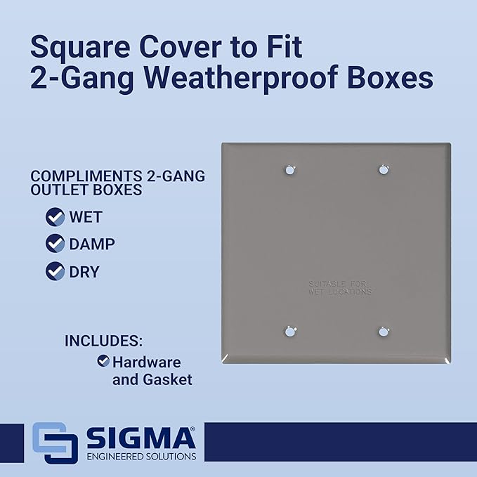 Sigma Electric, Gray, 1 Count (Pack of 1) Sigma Engineered Solutions, 14340 2-Gang Rectangular Stamped Weatherproof Cover