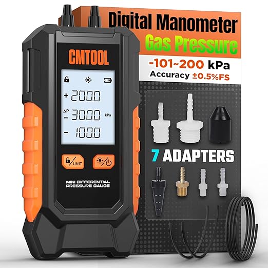 Manometer Gas Pressure Tester, Digital Manometer, -100-200Kpa, 6 Units Differential Pressure Gauge, Max/Min/Data Storage, 2-Port Tester for HVAC/Automotive Brake/Industrial/Lab Calibration (Mini)