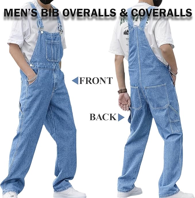 Men's Bib Overall Relaxed Fit Adjustable Strap Denim Work Pants with Large Pockets Durable Comfortable Jumpsuit for Men