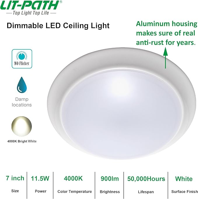 LIT-PaTH LED Flush Mount Ceiling Lighting Fixture, Dimmable 7 Inch 11.5W 900 Lumen, Aluminum Housing Plus PC Cover, Damp Location Rated for Bathroom, 4000K, 4-Pack