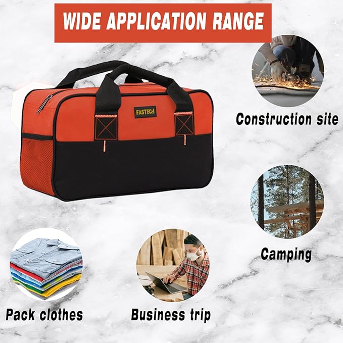 FASTECH 14 Inch Small Tool Tote Bag, Wide Mouth Zipper Bag, Waterproof Tool Organizer Bag, Multi-Pockets Wide Mouth Tool Tote For Man/Woman (Orange)