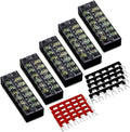 MILAPEAK Terminal Block and Strip - 5pcs 6 Positions 600V 25A Dual Row Screw Terminal Strip with Cover + 10pcs 400V 25A 6 Positions Pre-Insulated Terminal Barrier Jumper Strips Black & Red