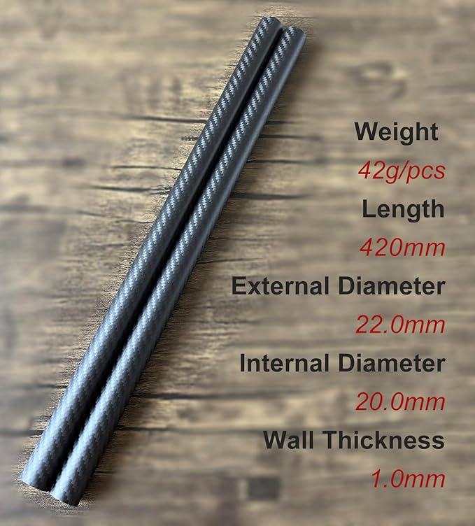 2pcs Carbon Fiber Tubes 22mmx20mmx420mm 3K roll Wrapped Twill Matte Surface