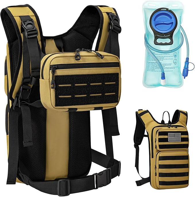 Tactical Hydration Backpack with 2L Water Bladder and Front Small Tactical Pouch, Outdoor Water Backpack for Men Women, Sports Hydration Pack for Hiking, Cycling, Climbing