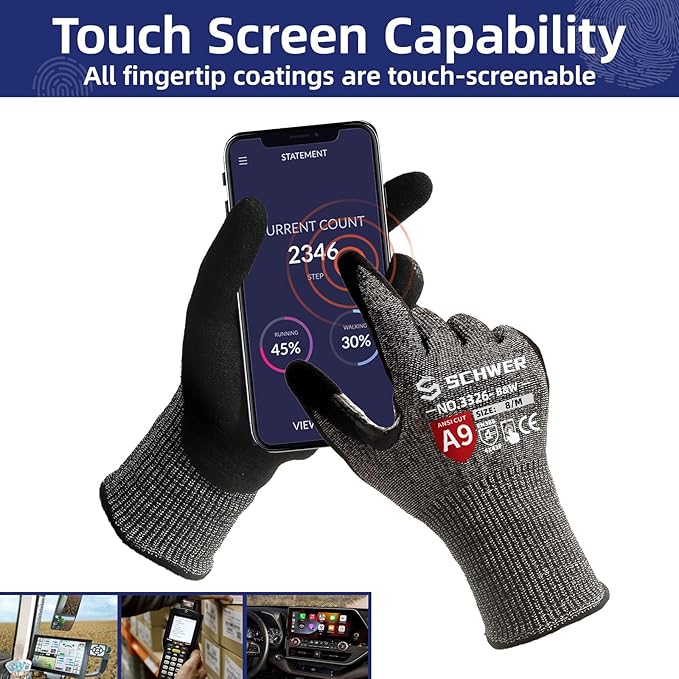 Schwer ProGuard High Level Cut Resistant Work Gloves PR3326 for Extreme Protection，ANSI A9 Cut Gloves with Reinforced Thumb, Non Slip, Breathable, Durable, Touch-screen, Black 1 Pair（L）