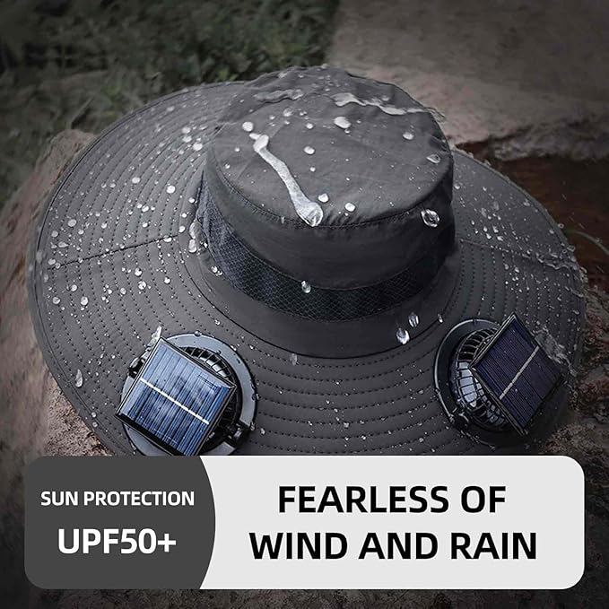 Wide Brim Sun Hats with 2 Solar Fan Outdoor Fishing Hat for Men Solar Powered Fan Hat Adjsutable 180°Rotating Cooling UPF 50+