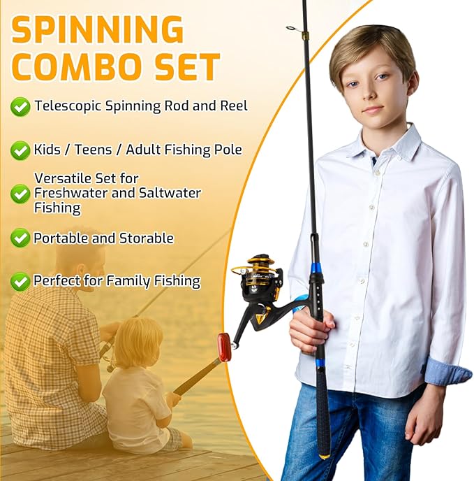 Kids Fishing Pole Set, Telescopic Fishing Rod and Reel Combo Kit for Kids/Youth, Fishing Pole for Beginners with Spincast Fish Reel, Fish Tackles, Fish Lures, Fish Lines 【Ambidextrous】