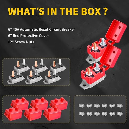 40Amp Automatic Reset Circuit Breaker 12V-24V DC for Automotive Marine Boat Car RV Trailer Solar System with Cover Stud Bolt, IP66 Waterproof (Pack of 6)