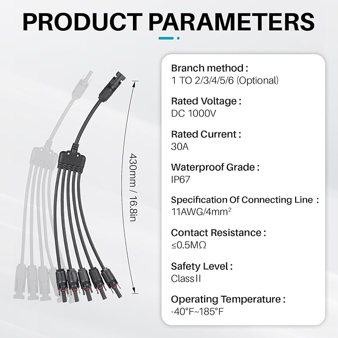 Solar Panel Connector 5 to 1 Y Branch Parallel Adapter, 30A 1000V 10AWG Tool-Free IP68 Waterproof Cable for Solar Panels (Y Branch, 5to1(1Pairs))