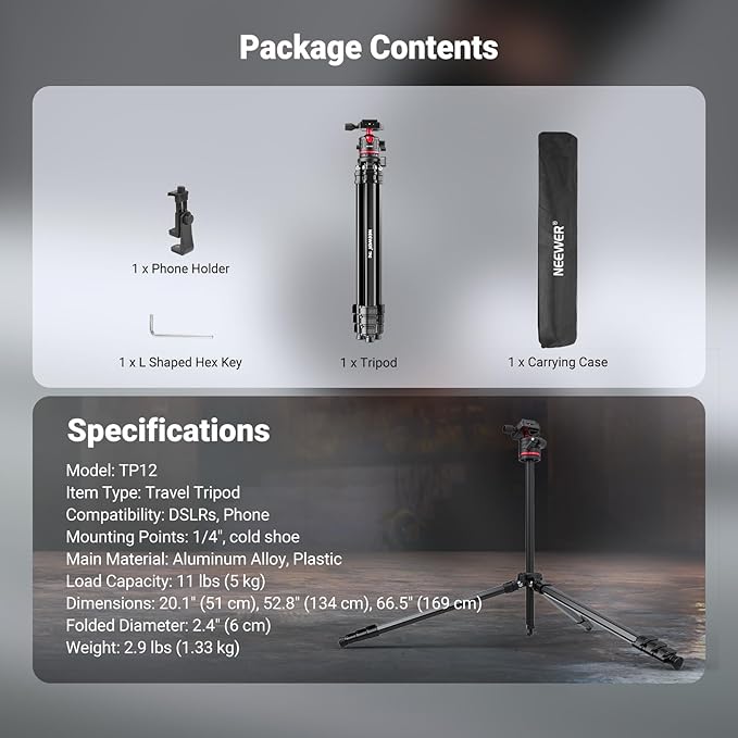 NEEWER Basics 66.5"/169 cm Travel Tripod for Camera, Lightweight Portable DSLR Stand with Ball Head, Arca Type QR Plate, Cell Phone Holder Compatible with iPhone Video Recording, Max Load 11 lb, TP12
