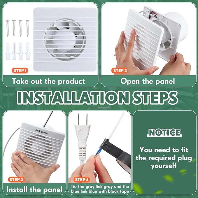 Qunclay 2 Pcs 4 Inch Small Window Fan 110v Kitchen Exhaust Fan 76 Cfm 2400r/min, 18w 65m³/h Extractor Vent Bathroom Wall Ventilation with Anti Backflow Check Valve Chain Switch